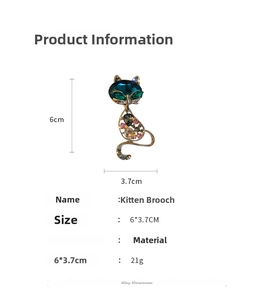 Detail view of crystal cat brooch with dimensions 6x3.7cm and alloy rhinestone material