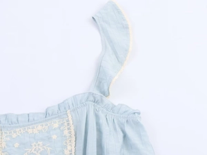 Detail of light blue pleated top featuring delicate cream lace embroidery and cotton texture