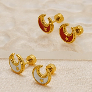 Titanium steel moon and star screw back earrings with gold plating and enamel finish