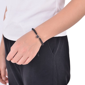 Black natural stone beaded bracelet with custom photo projection heart charm for couples