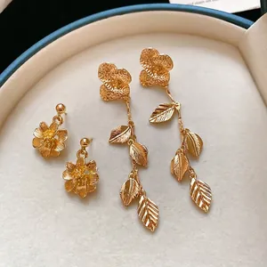 Elegant Flower Leaf Long Tassel Dangle Earrings For Women With 925 Sterling Silver Earring Post Gold Color Chic Jewelry