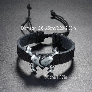 Retro braided leather bracelet with silver heart bone decoration for men and women