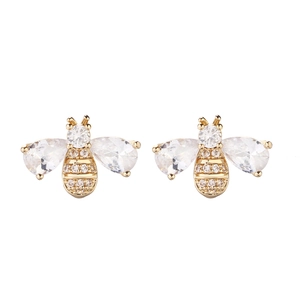 Elegant gold bee stud earrings with sparkling cubic zirconia stones on white background