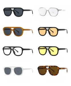Detailed display of vintage flat top square sunglasses in eight stylish color combinations