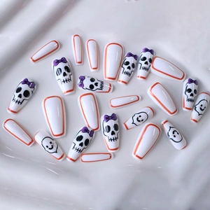 Halloween long ballet press-on nails with purple bow skulls and ghost designs