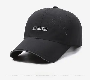 Detail of black breathable mesh baseball cap with silver 3D SPORTS lettering on the side