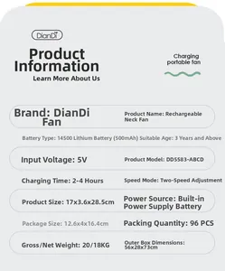 Technical specifications of the portable neck fan including battery life and product dimensions