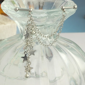 Silver industrial piercing earring with triple chain, stars, and polished screw balls