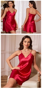 Detailed views of a red satin slip dress featuring deep V-neck and delicate straps