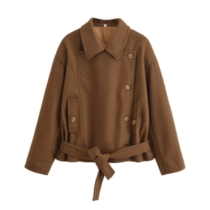 Women British Vintage Short Woolen Jacket Double Breasted Belted Coat Elegant Solid Color Lapel Outerwear Polyester