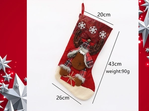 Detail view of large Christmas stocking with 3D elk design and dimensions 43x26cm