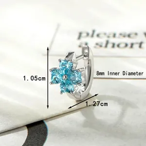 Silver clover hoop earrings with blue heart-shaped stones and 8mm inner diameter