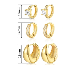 Three-piece gold earring set with zircon studs and polished hoops in 13mm, 14mm, and 19mm