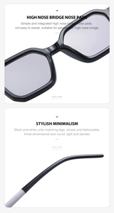 Detail of high nose pads and sleek black and white temples on square frame sunglasses