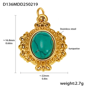 Detailed sizing chart for gold stainless steel pendant featuring turquoise gemstone inlay