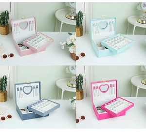 Collection of multi-layer velvet jewelry boxes in four colors with heart-shaped mirrors
