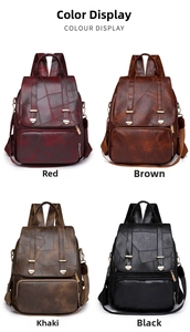 Detailansicht von Vintage-Rucksäcken aus PU-Leder in Rot, Braun, Khaki und Schwarz