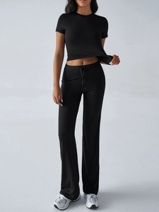Full view of casual black short sleeve T-shirt and drawstring wide-leg pants set