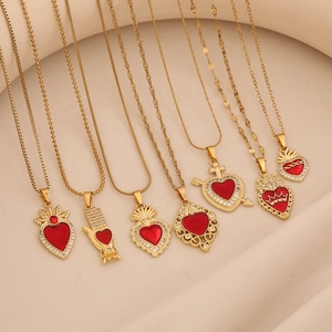Vintage Sacred Heart Pendant Necklace Gold Plated Copper Stainless Steel Red Enamel Zircon Crown Flame Cross For Women