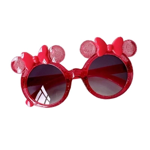 Kids round red glitter sunglasses with cartoon ears and bow, UV protection fashion eyewear