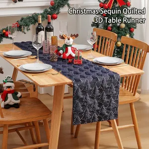 Christmas Table Runner Sequin Embroidery 3D Christmas Tree Pattern Plush Polyester Holiday Dining Table Decoration Nordic Style