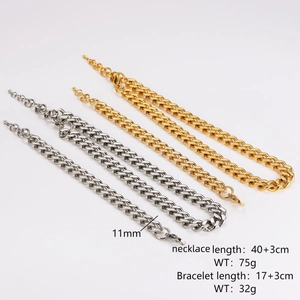 Chunky stainless steel Cuban chain necklace and bracelet set in gold and silver, 11mm width