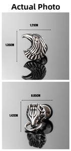 Detail view of retro punk eagle and beast head earrings with dimensions and dimensions
