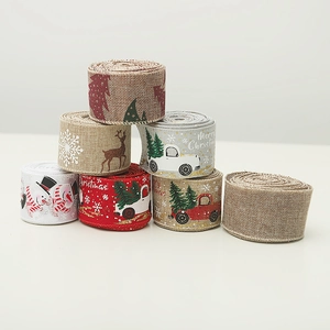 Christmas burlap ribbons set featuring snowman, elk, and tree patterns in festive colors