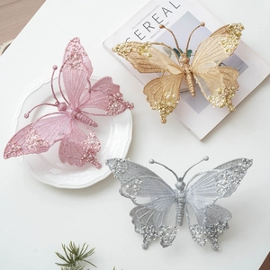 Glittery Mesh Butterfly Christmas Decoration Sparkling Artificial Butterfly Ornament With Artificial Pearls For Festive Tree Wedding