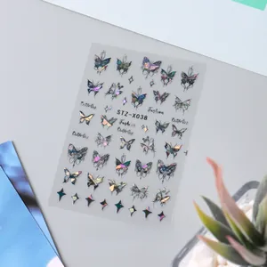 Detailed holographic 3D laser silver butterfly nail art stickers with star designs
