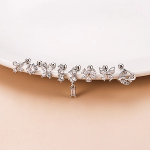 Set of stainless steel stud earrings with butterfly and floral cubic zirconia designs