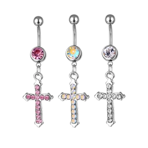 Cross Pendant Belly Ring 316L Stainless Steel Navel Piercing Rhinestone Inlaid Dangle Body Jewelry For Women