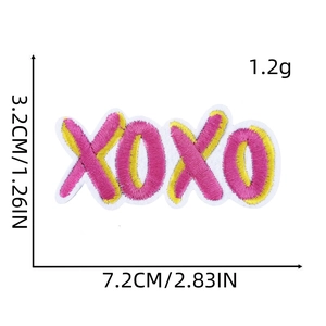 Pink XOXO cartoon embroidery patch with size dimensions 7.2cm x 3.2cm on white background
