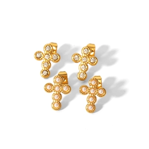 Golden cross stud earrings with sparkling crystals and elegant white pearls for women