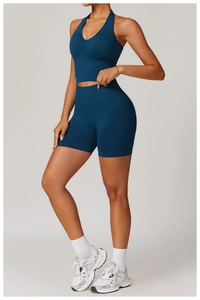 Vue détaillée du short de yoga sans couture taille haute et haut licou bleu canard