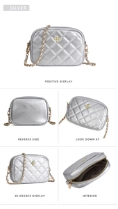 Detailed interior and multi-angle view of silver quilted crossbody phone bag with chain