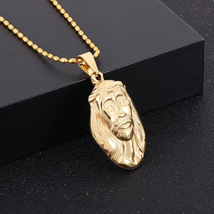 18K gold plated stainless steel necklace featuring a 3D Jesus head pendant on ball chain