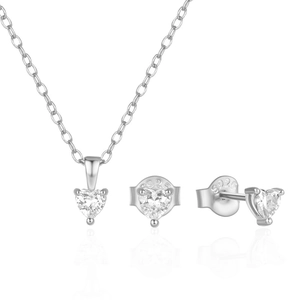 Detailed view of S925 sterling silver heart necklace and stud earrings set with zircons