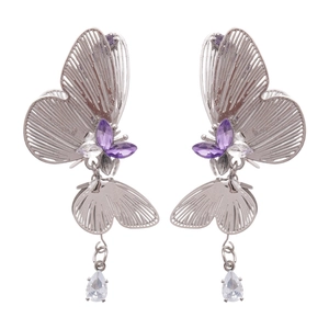 Silver butterfly drop earrings with purple crystals and water drop pendant for women