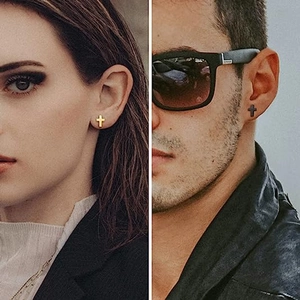 Minimalist stainless steel cross stud earrings in black and gold finish on models