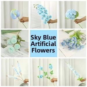 Collection of sky blue artificial flowers including hydrangeas and orchids in a grid layout