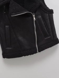 Gilet de moto noir pour femme en peau lainée synthétique avec fermeture éclair latérale