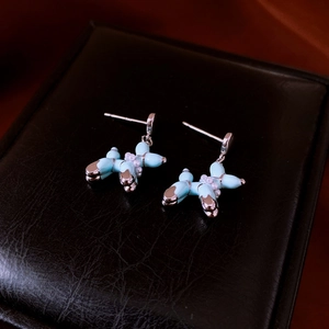 Vue macro de boucles d'oreilles chien ballon bleu ciel avec détails argentés sur écrin noir