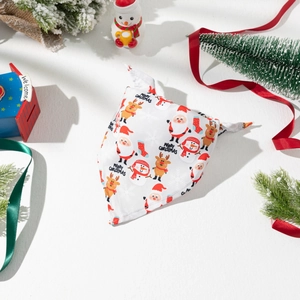 Christmas pet bandana with colorful Santa and reindeer prints on a white fabric base