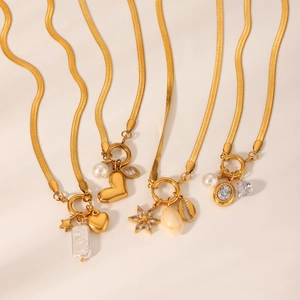Gold stainless steel snake chain necklaces with heart, star, and baroque pearl pendants
