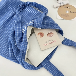 Detail view of large blue checkered tote bag showing capacity for a laptop and books