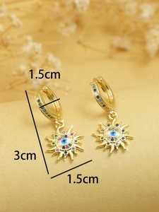 Detailed view of evil eye sun drop earrings with colorful zircon and size labels