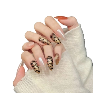 Handmade leopard cat-eye press-on nails in gold and brown tones with almond shape