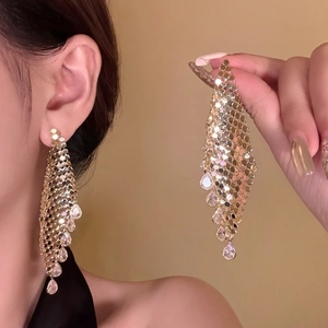 Elegant Long Tassel Drop Earrings Real Gold Plated Zircon Water Drop Mesh Fringe Luxury Jewelry With Silver Earring Post