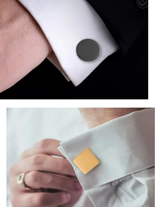 Close-up of polished black round and gold square stainless steel cufflinks on shirt cuffs